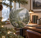 Fern Forest Floor Office Ornament with flat printed optical 3D smoky sage ferns, lichen stones and receding woodland trail