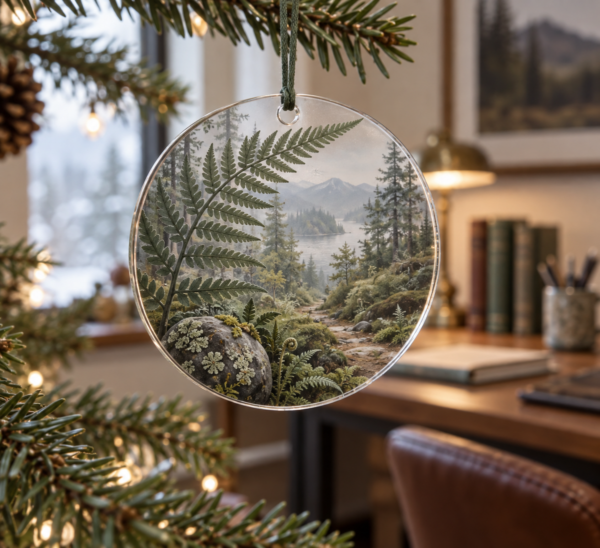 Fern Forest Floor Office Ornament with flat printed optical 3D smoky sage ferns, lichen stones and receding woodland trail