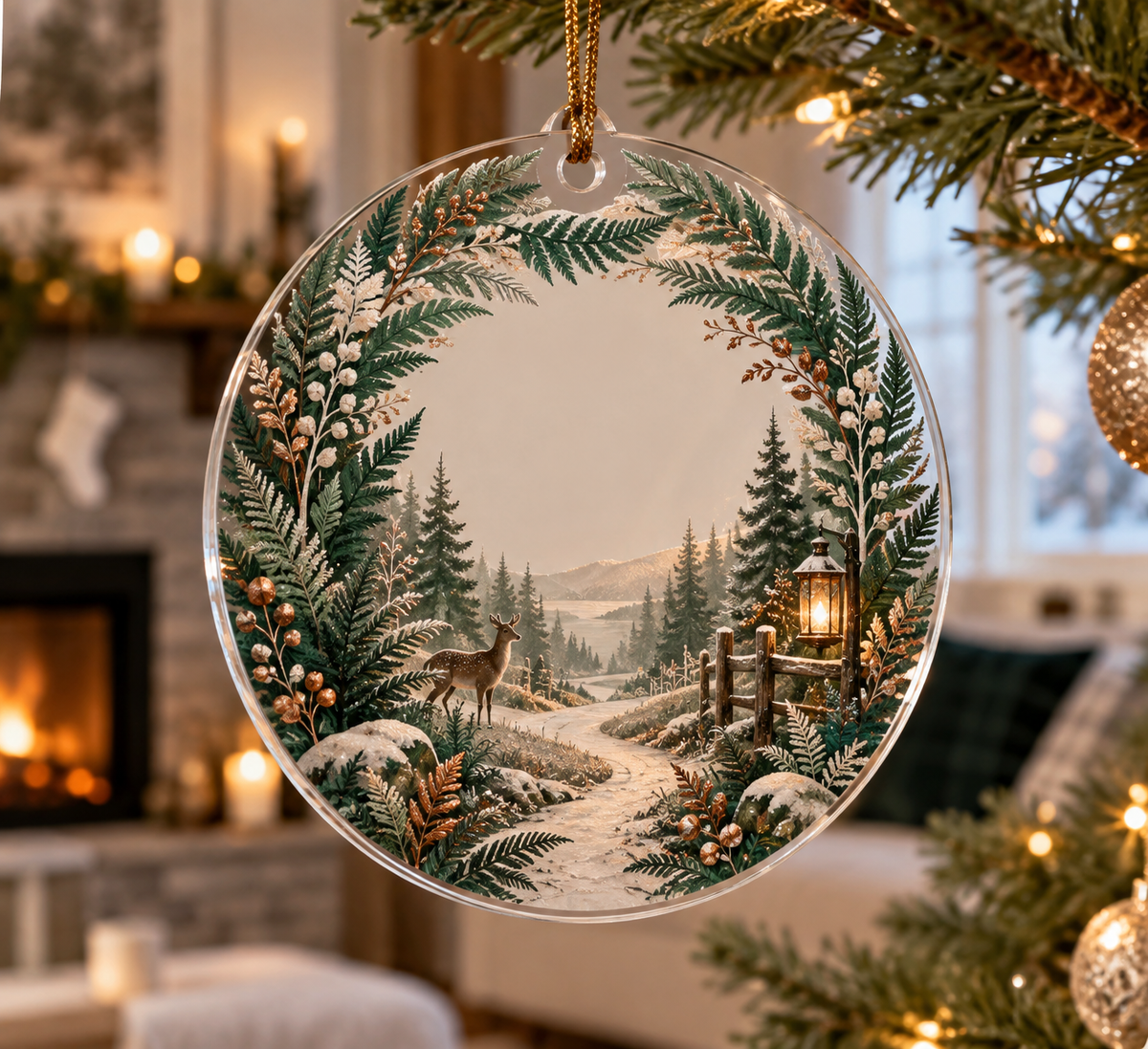 Fern Forest Floor Housewarming Ornament with flat printed optical 3D emerald ferns, copper leaves and homeward path; customer family name added after ordering