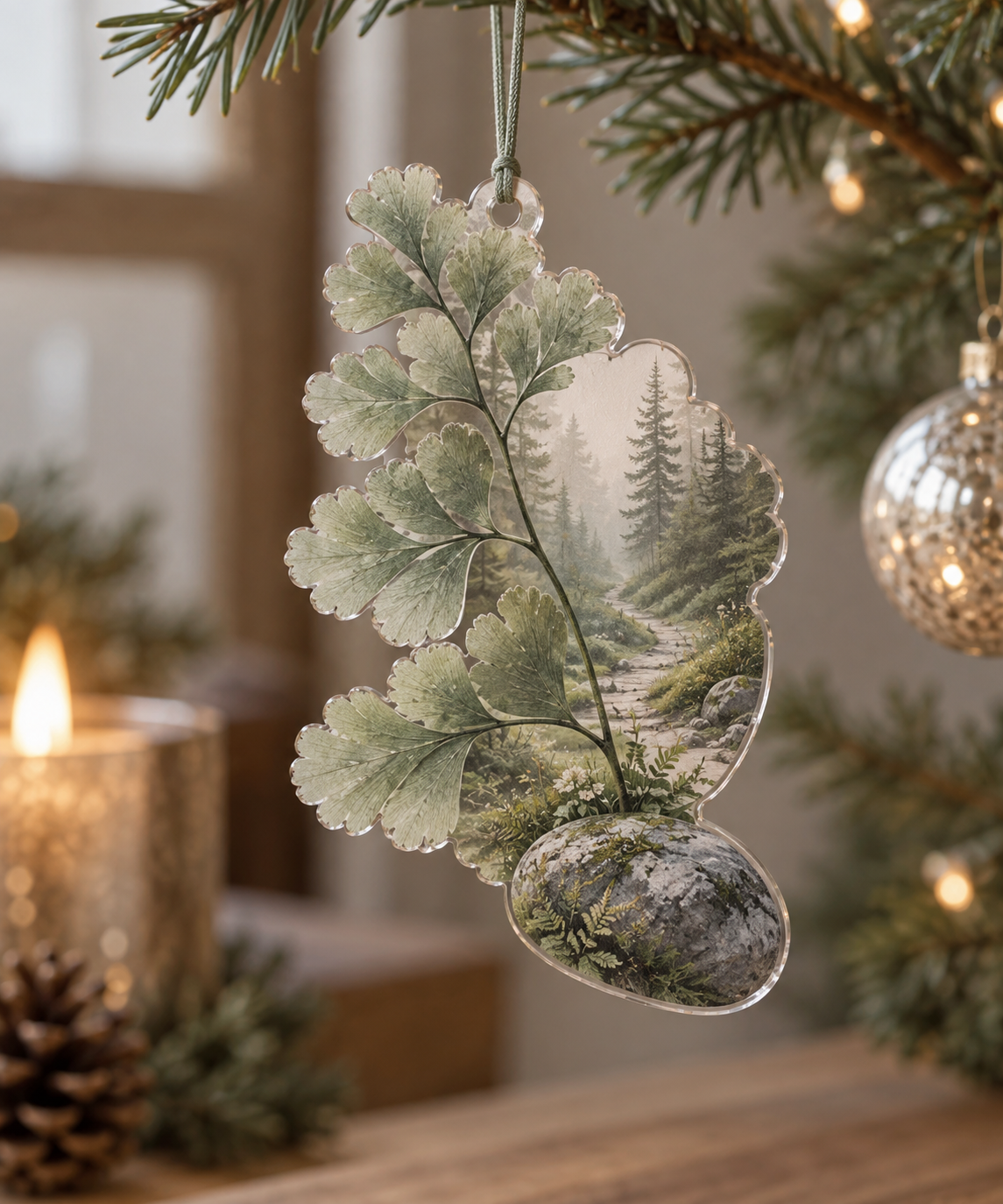 Fern Forest Floor Quiet Corner Ornament with flat printed optical 3D pale sage maidenhair ferns, ivory pebbles and misty forest path