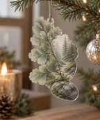 Fern Forest Floor Quiet Corner Ornament with flat printed optical 3D pale sage maidenhair ferns, ivory pebbles and misty forest path