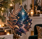 Fern Forest Floor Birthday Ornament with flat printed optical 3D copper-gold ferns, teal moss and violet forest path