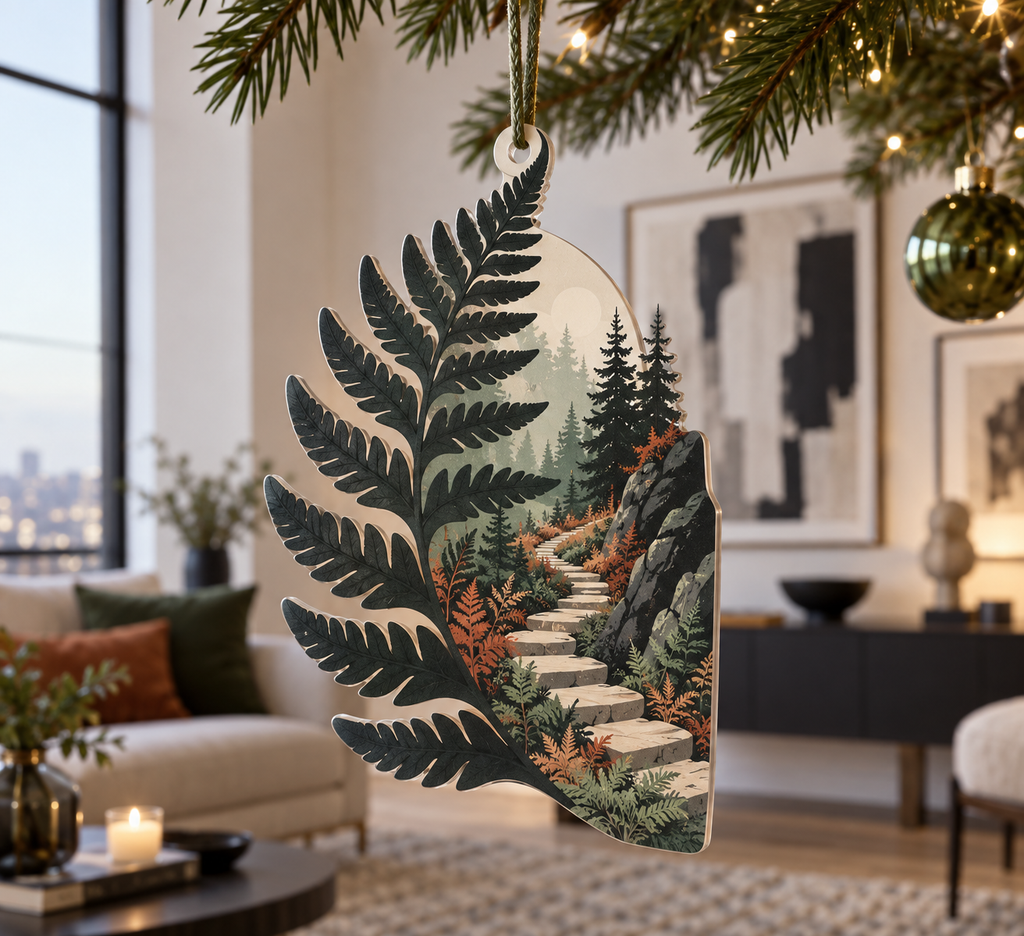 Fern Forest Floor Gallery Ornament with flat printed optical 3D charcoal ferns, terracotta leaves and geometric woodland path
