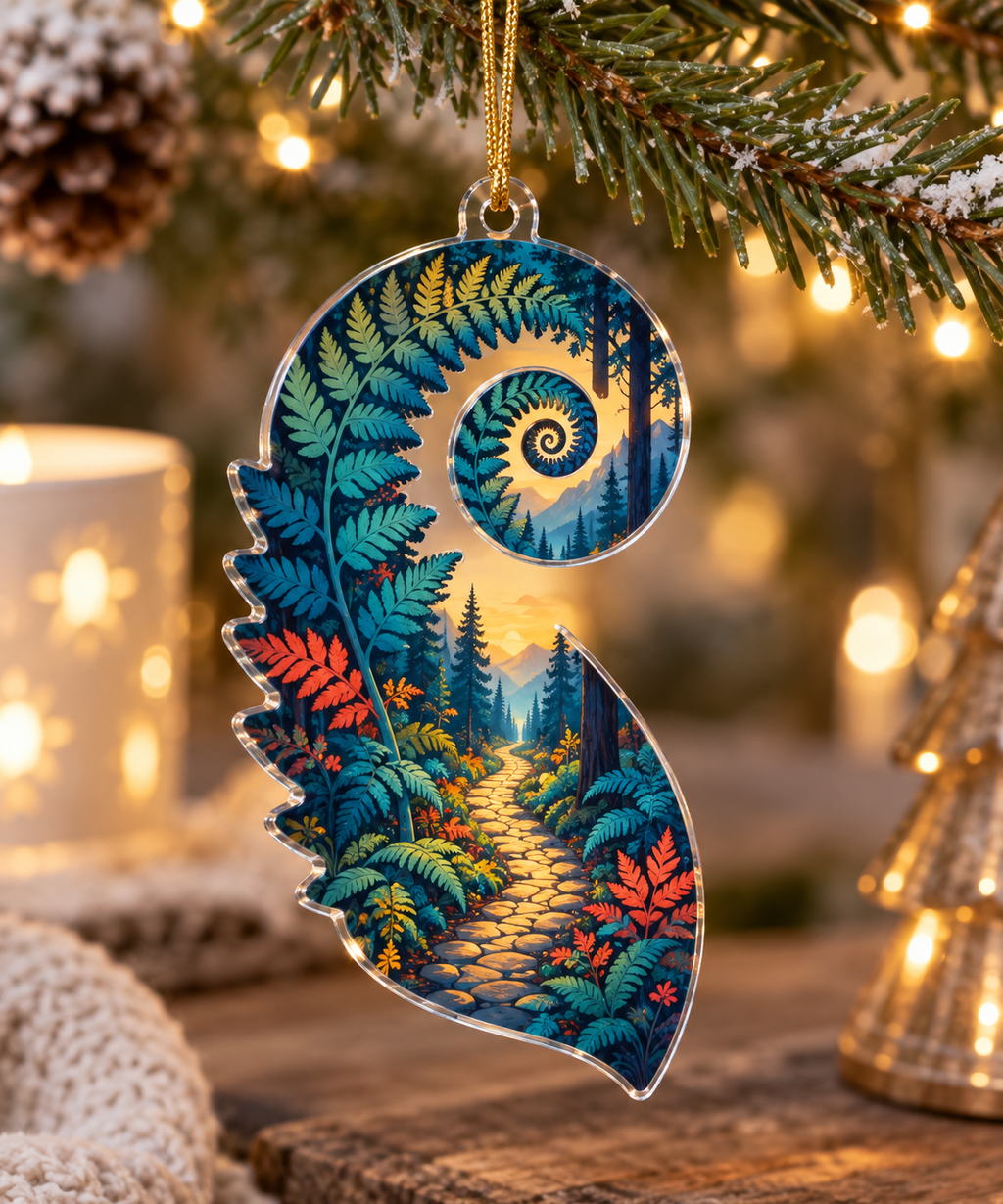 Fern Forest Floor Studio Ornament with flat printed optical 3D turquoise fern spirals, coral leaves and mosaic woodland path