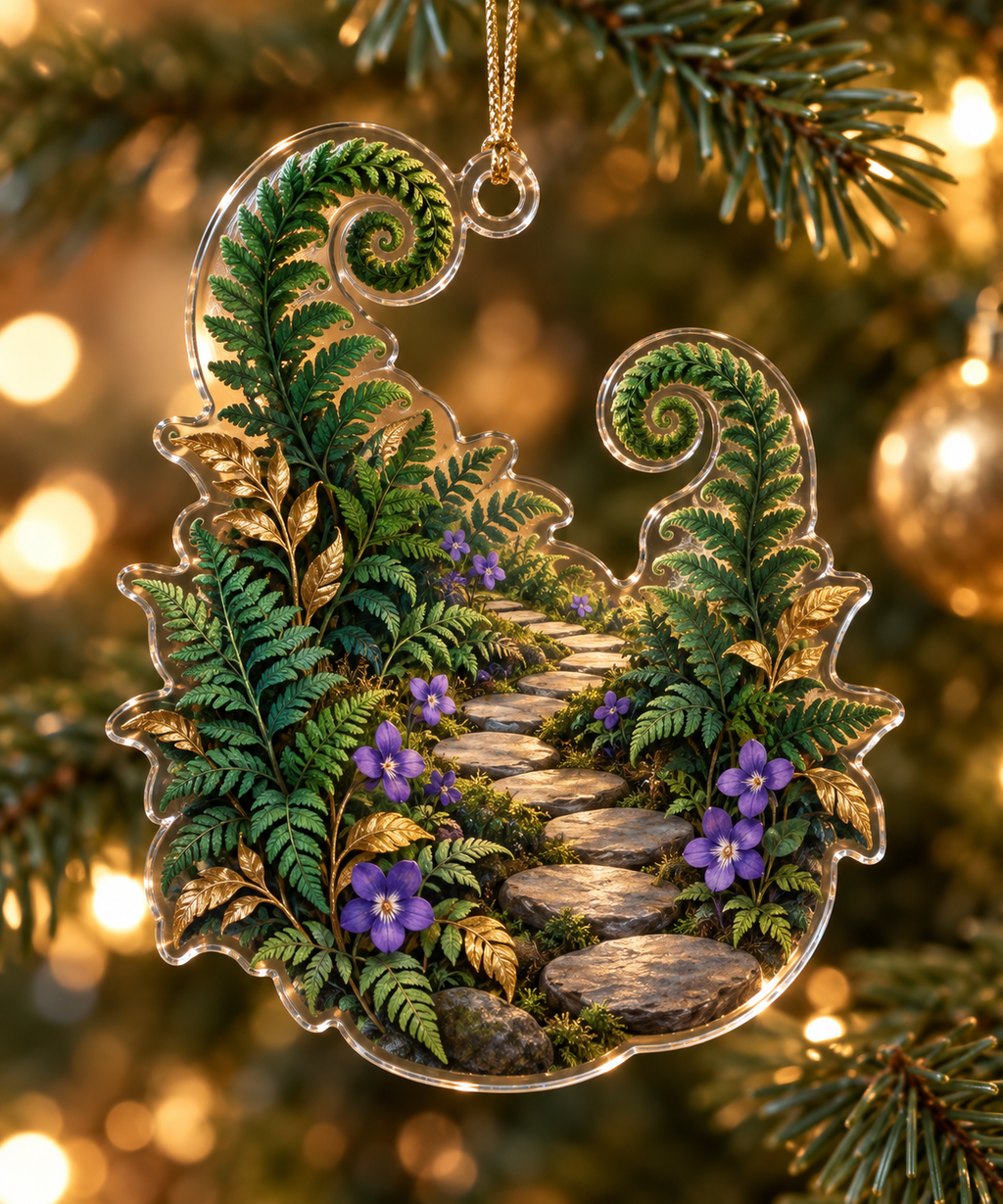Fern Forest Host Gift Ornament with flat printed optical 3D emerald ferns, amber leaves and woodland trail
