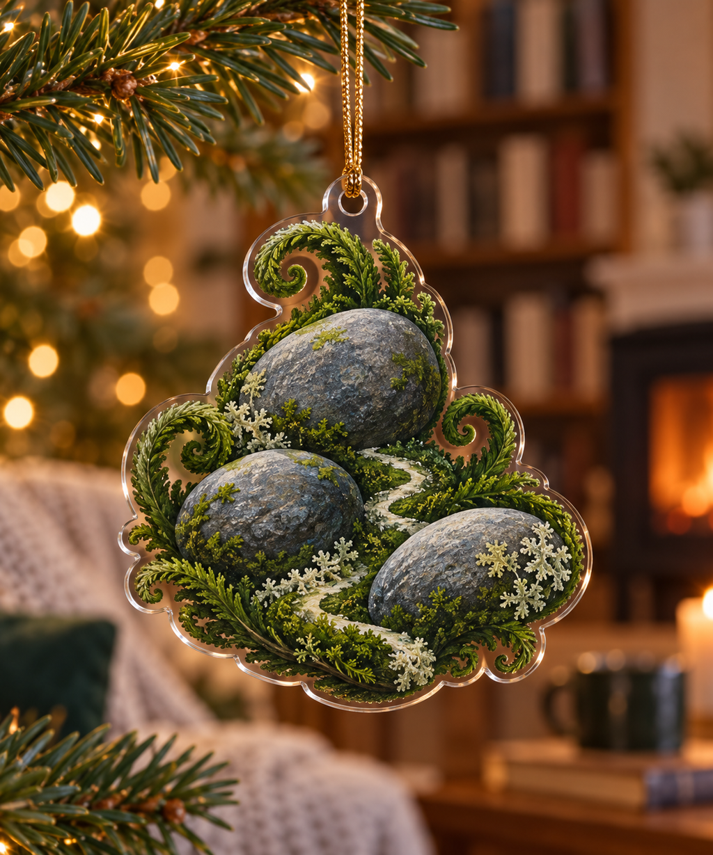 Moss and Stones Nook Ornament with flat printed optical 3D green moss, river stones and winding path
