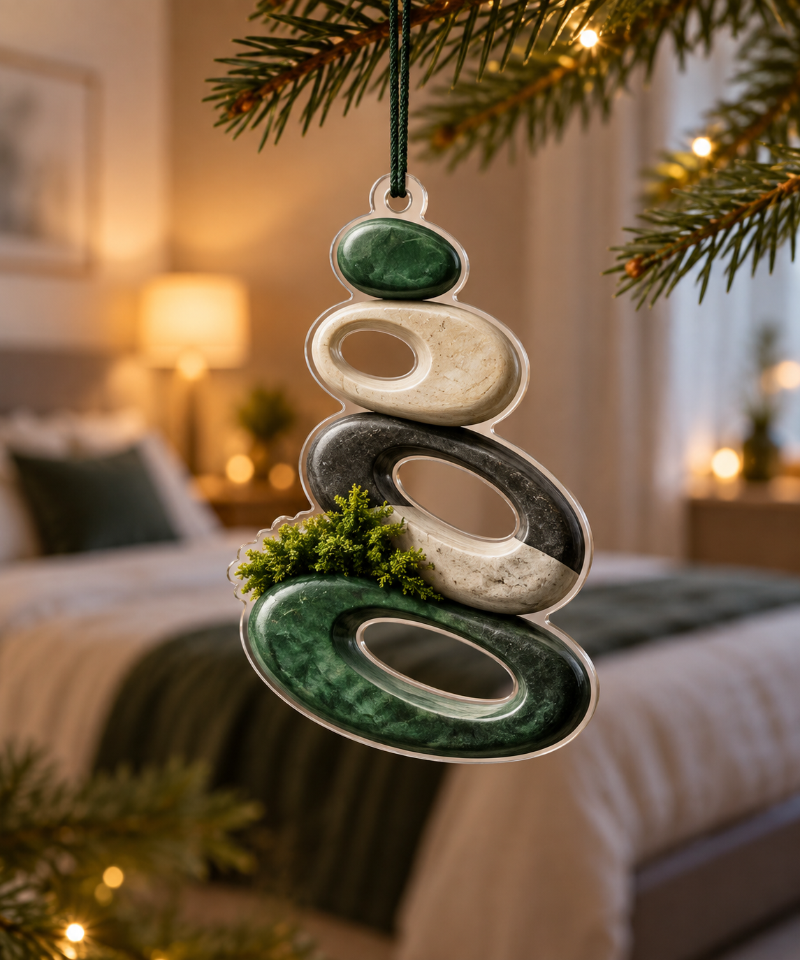 Moss and Stones Bedroom Ornament with flat printed optical 3D jade moss, travertine stones and geometric path