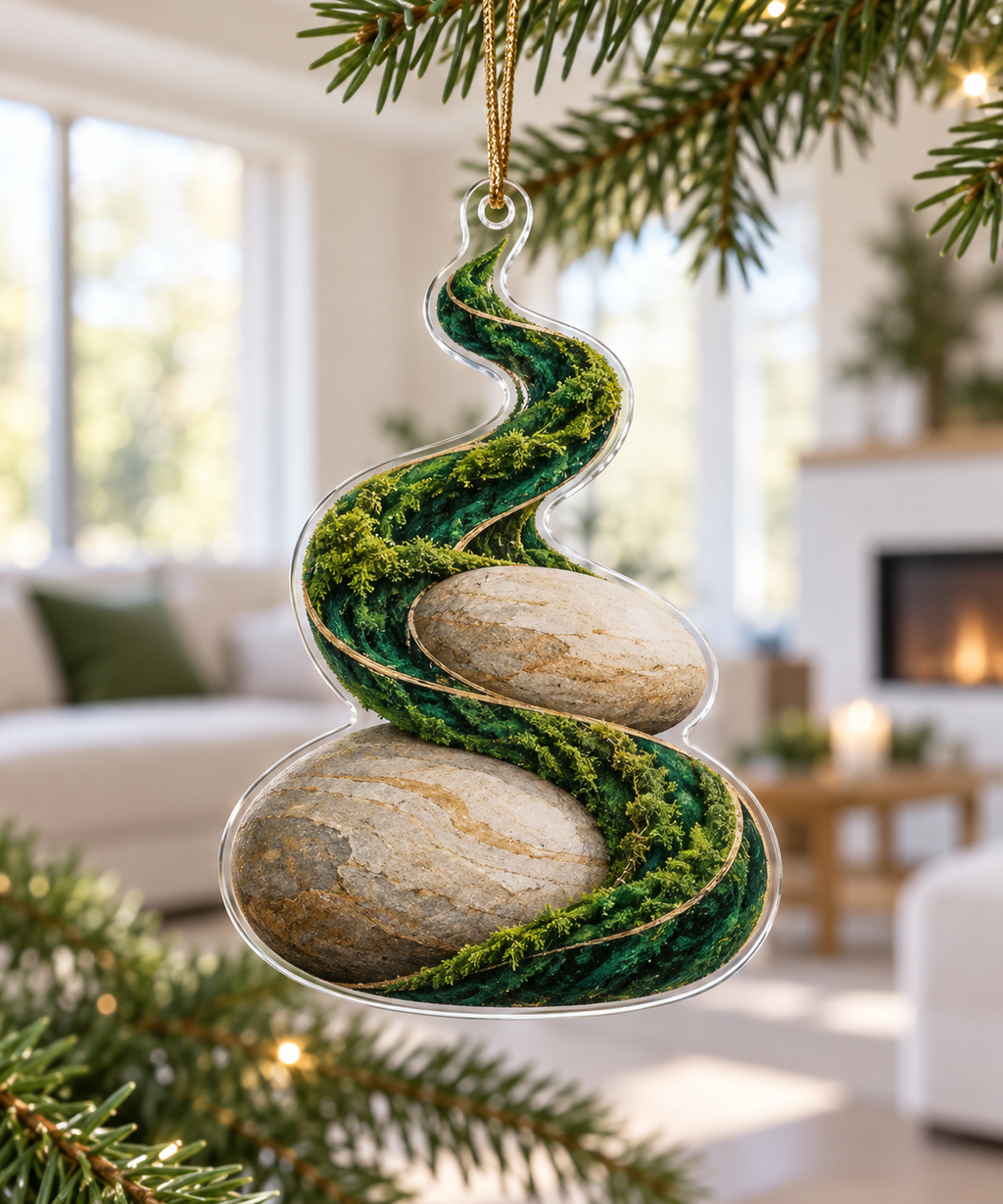 Moss and Stones Living Room Ornament with flat printed optical 3D malachite moss, sandstone and receding riverbed