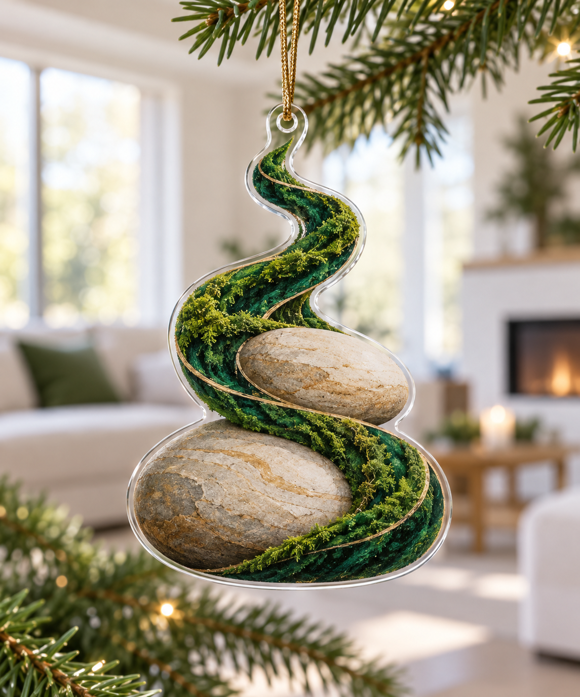 Moss and Stones Living Room Ornament with flat printed optical 3D malachite moss, sandstone and receding riverbed
