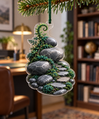 Moss and Stones Office Ornament with flat printed optical 3D blue-green moss, gray river stones and flagstone path