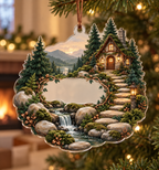Moss and Stones Housewarming Ornament with flat printed optical 3D green moss, river stones and homeward path; customer family name added after ordering