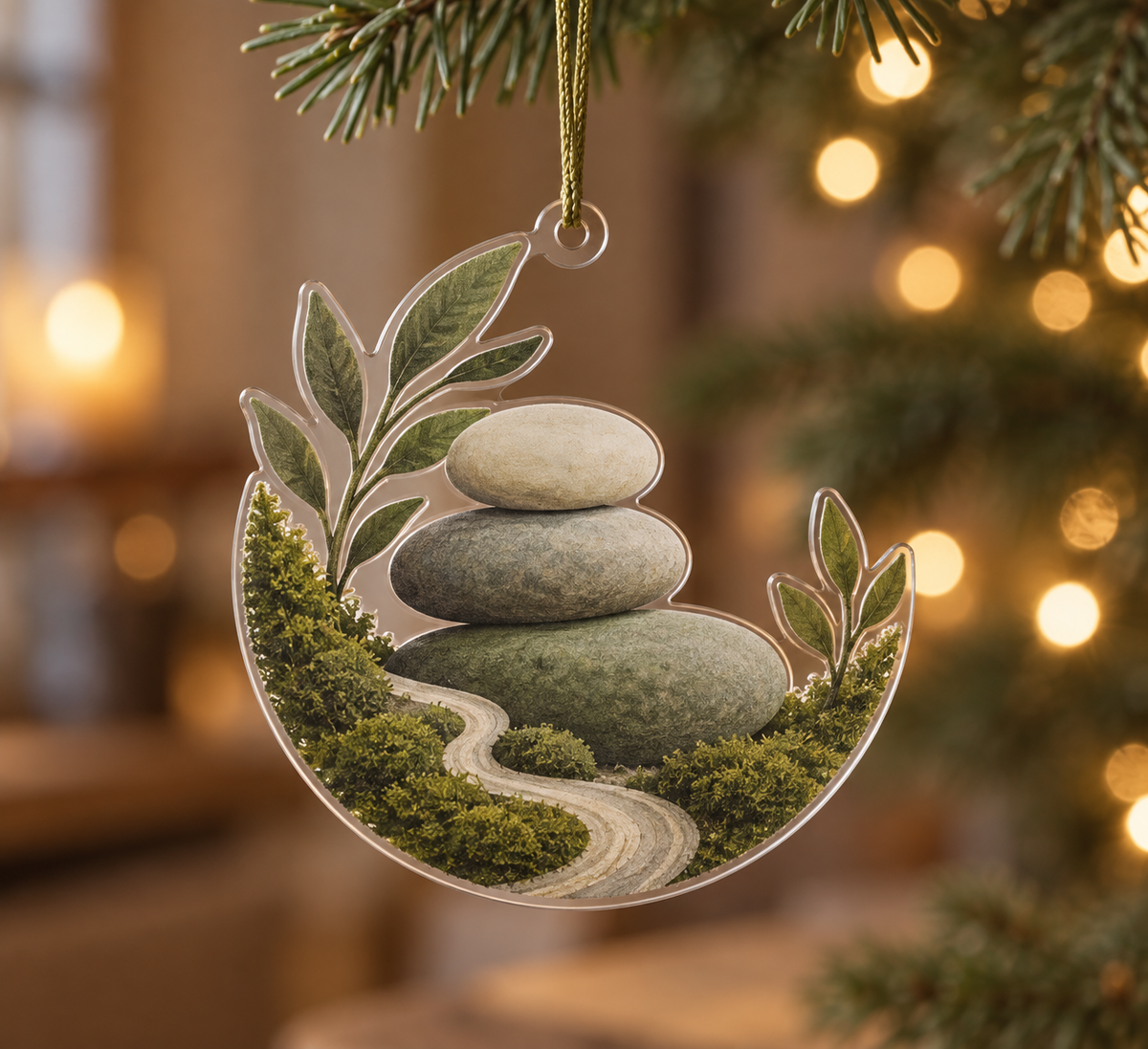 Moss and Stones Quiet Corner Ornament with flat printed optical 3D sage moss, pale pebbles and gentle flagstone path