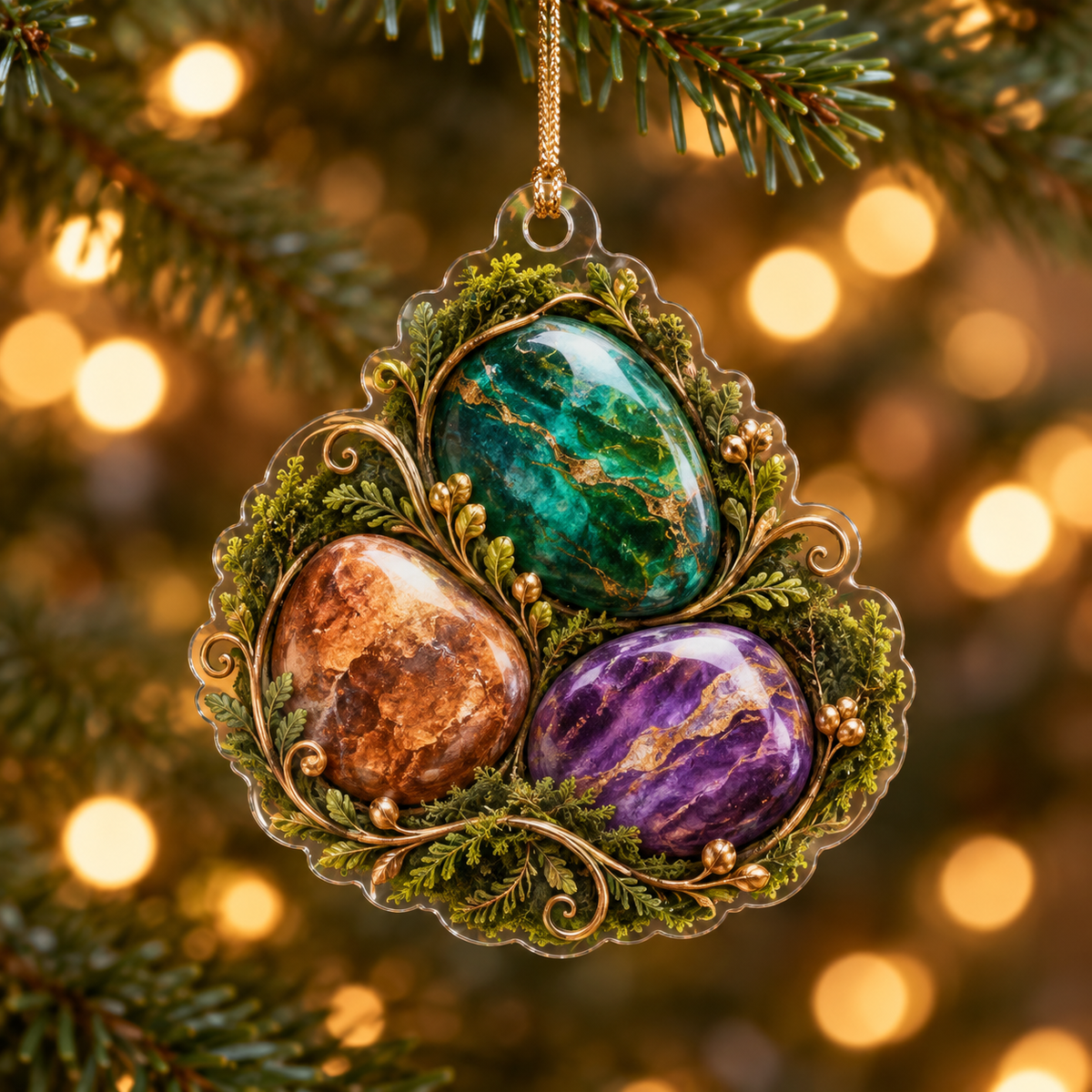 Moss and Stones Collector Ornament with flat printed optical 3D jewel-toned moss, polished stones and gallery path