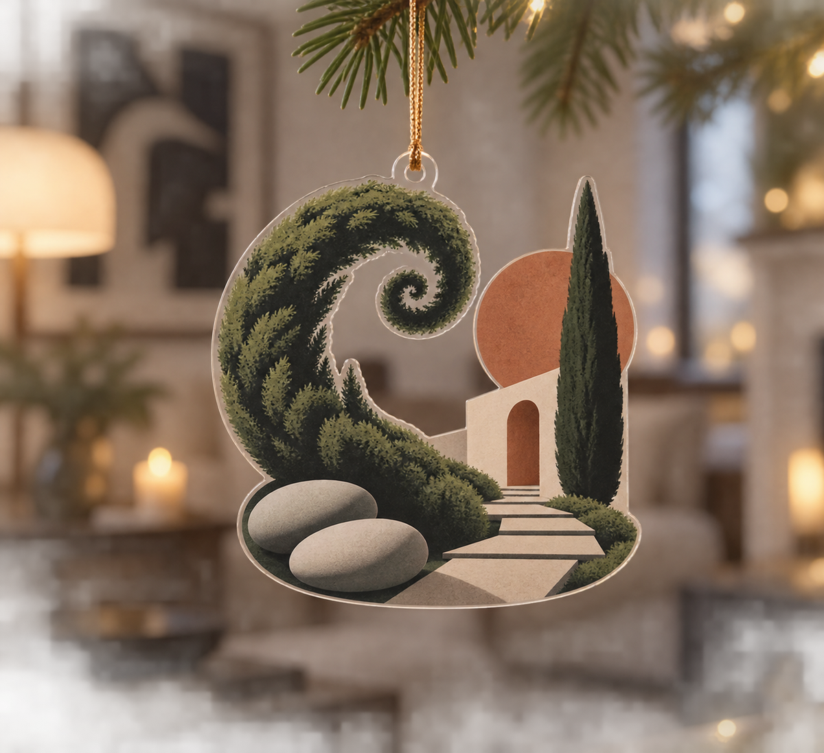 Moss and Stones Gallery Ornament with flat printed optical 3D charcoal moss, pale stones and courtyard path