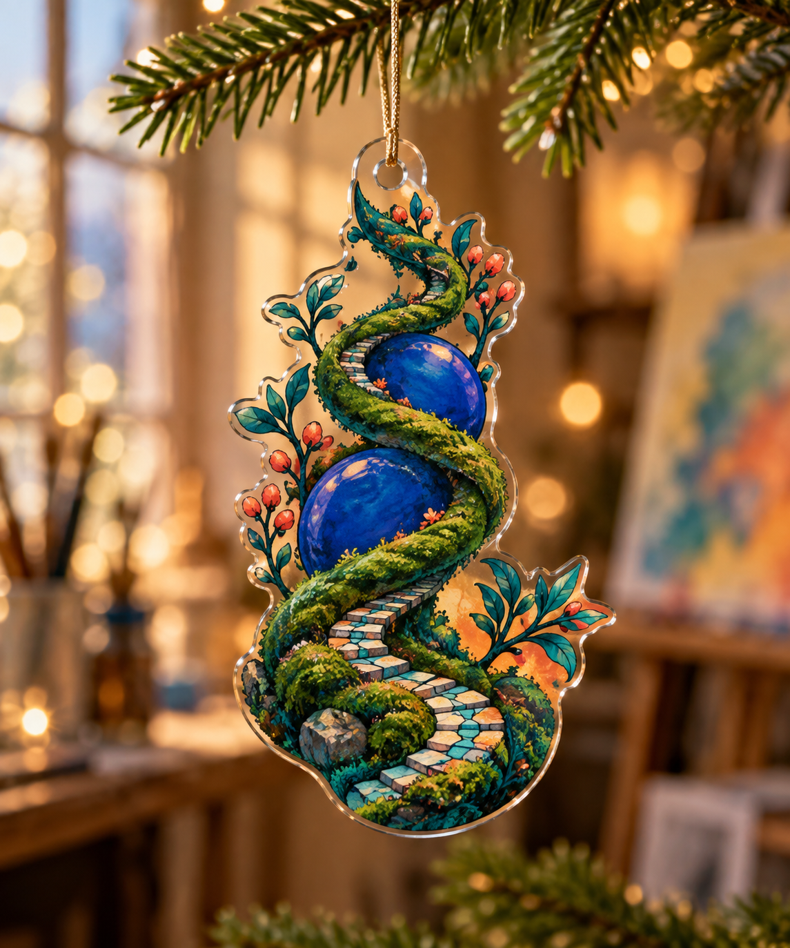 Moss and Stones Studio Ornament with flat printed optical 3D teal moss, cobalt stones and mosaic path