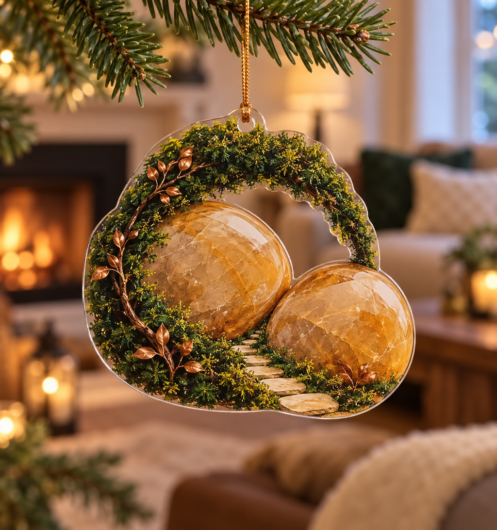 Moss and Stones Host Gift Ornament with flat printed optical 3D forest moss, honey stones and homeward path