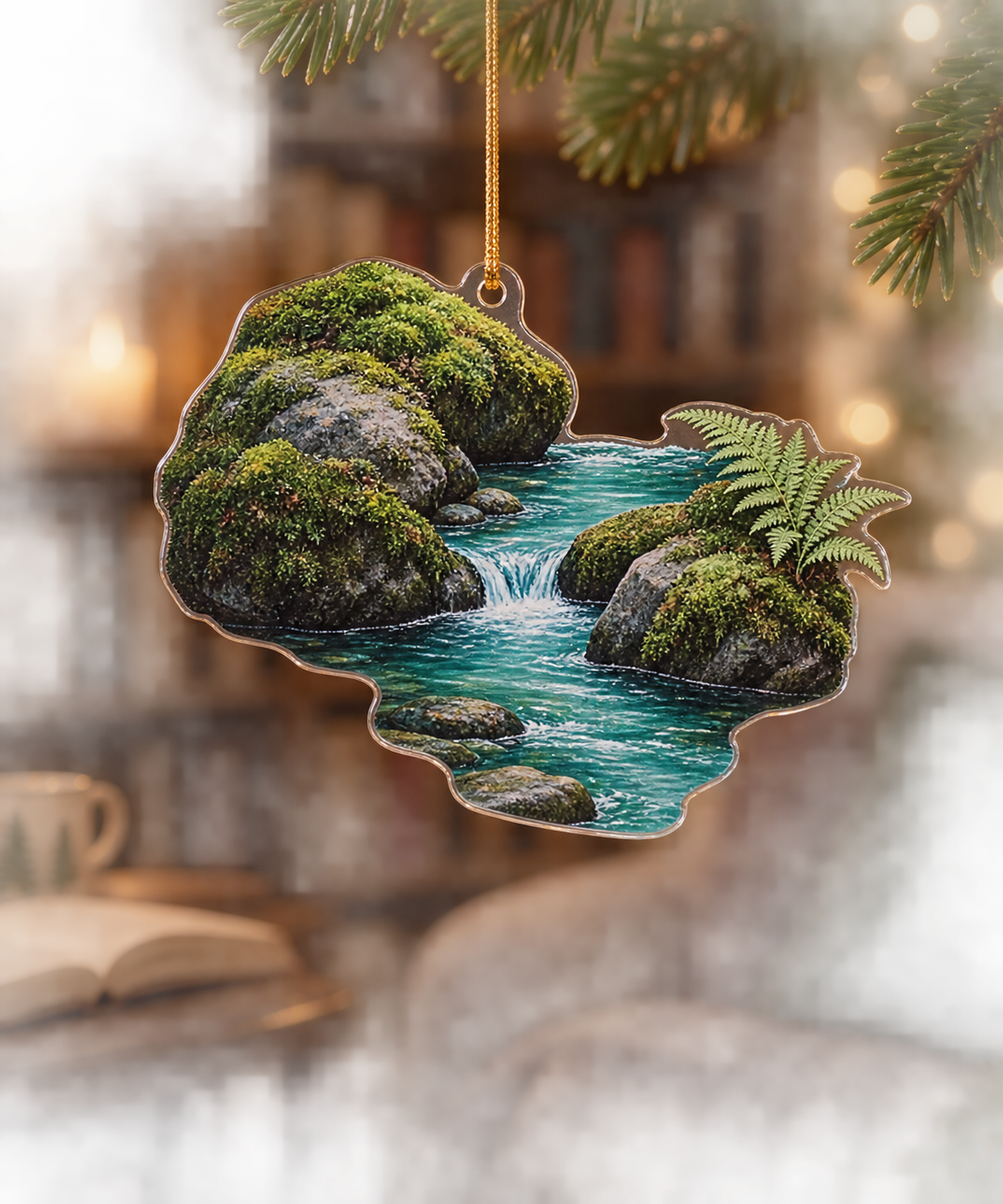 Forest Stream Nook Ornament with flat printed optical 3D turquoise forest stream, mossy stones and fern shadows