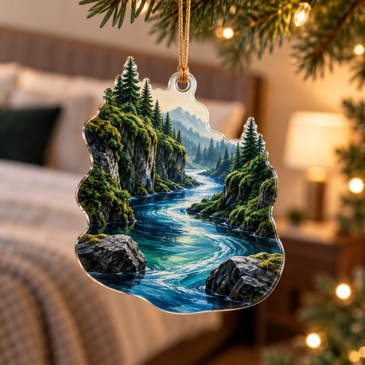 Forest Stream Bedroom Ornament with flat printed optical 3D cobalt forest stream, emerald rocks and plunging creekbed