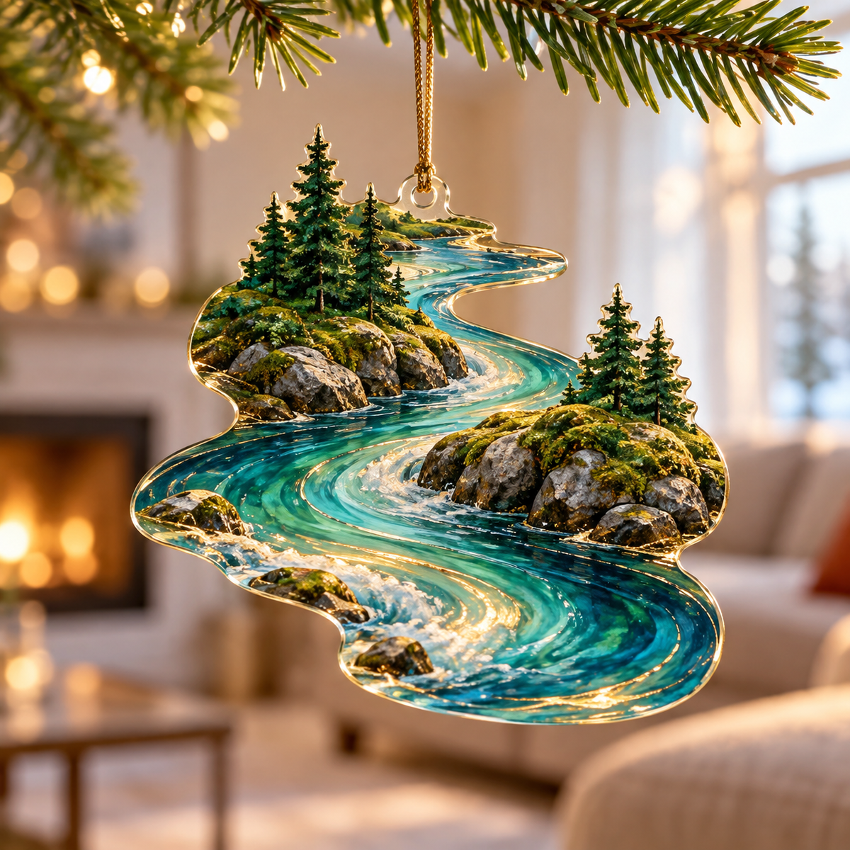Forest Stream Living Room Ornament with flat printed optical 3D azure forest stream, emerald banks and riverbed