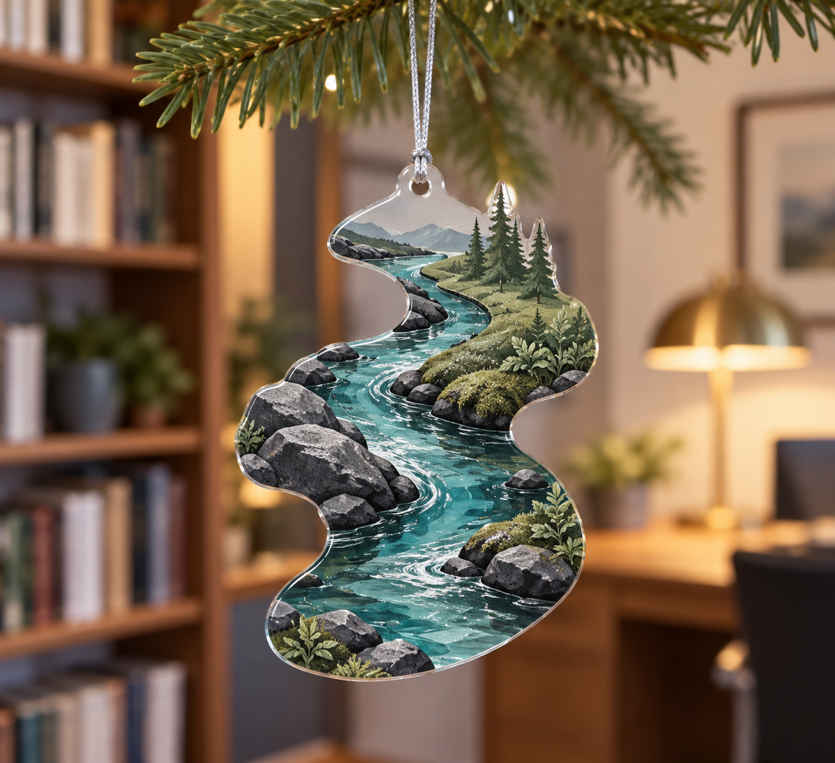 Forest Stream Office Ornament with flat printed optical 3D teal forest stream, slate stones and sage banks