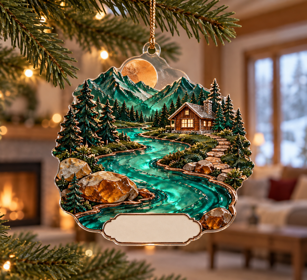 Forest Stream Housewarming Ornament with flat printed optical 3D jade creek, warm stones and homeward path; customer family name added after ordering