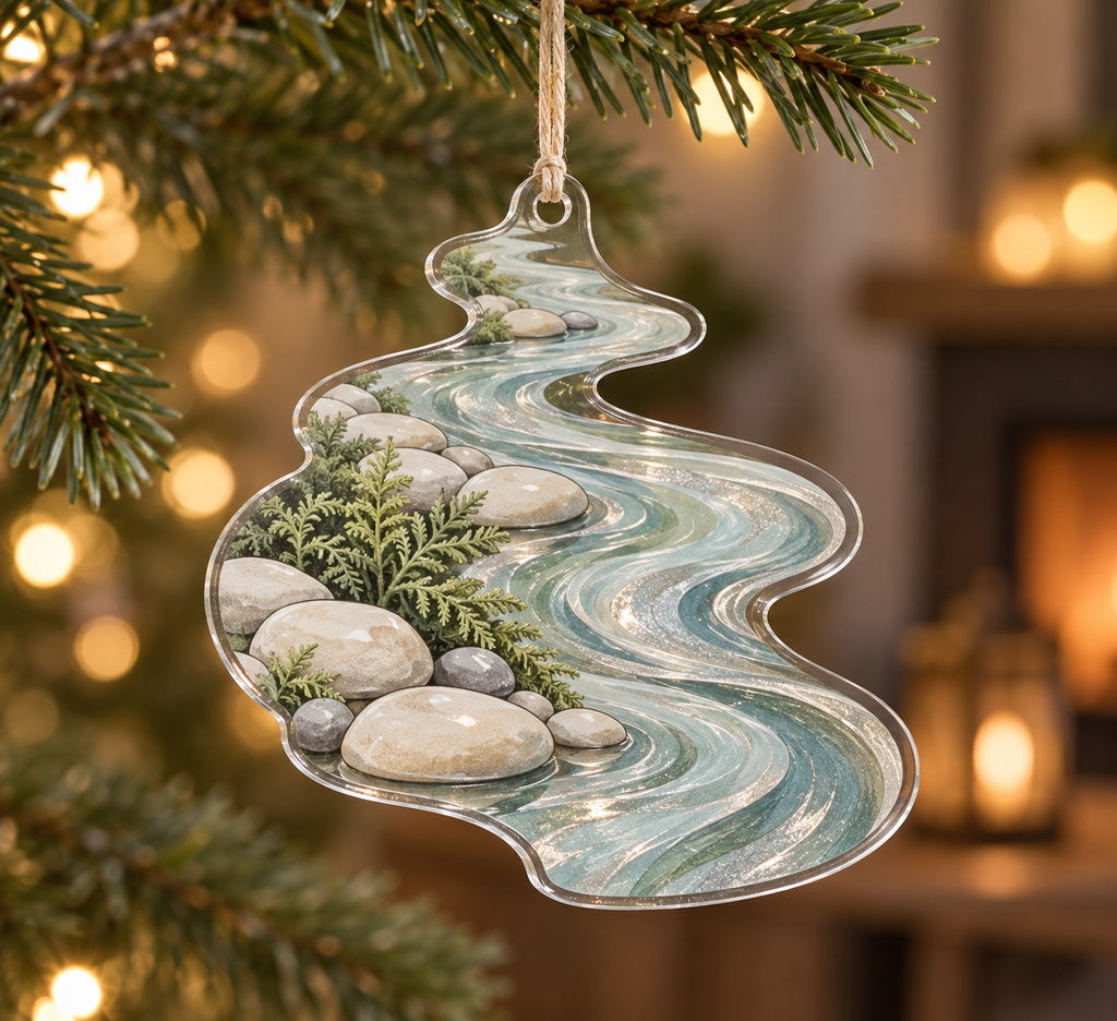 Forest Stream Quiet Corner Ornament with flat printed optical 3D pale aqua stream, sage banks and cream pebbles