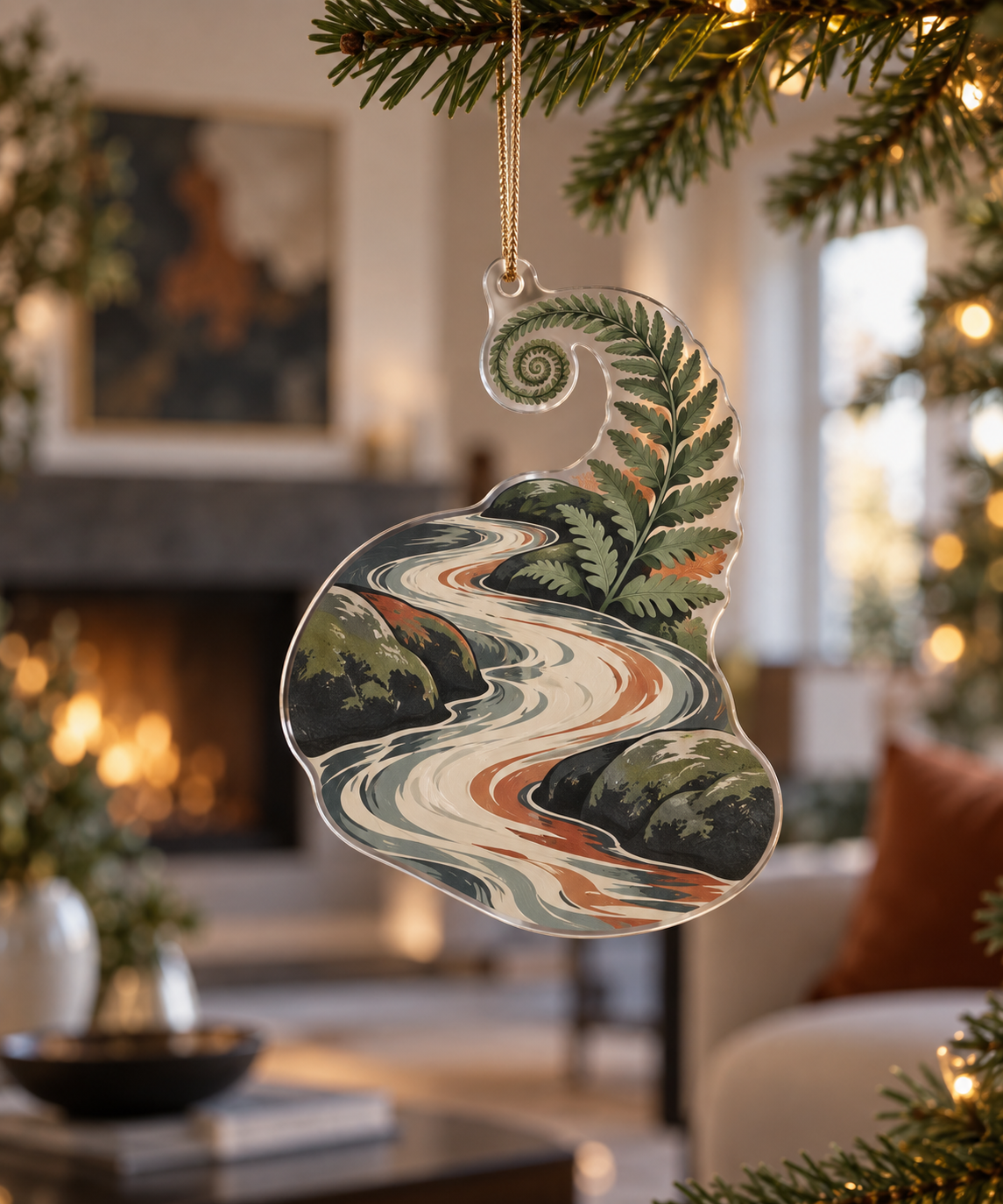 Forest Stream Gallery Ornament with flat printed optical 3D charcoal creek banks, ivory water and terracotta stones