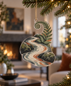 Forest Stream Gallery Ornament with flat printed optical 3D charcoal creek banks, ivory water and terracotta stones