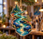 Forest Stream Studio Ornament with flat printed optical 3D turquoise stream, cobalt stones and mosaic creek