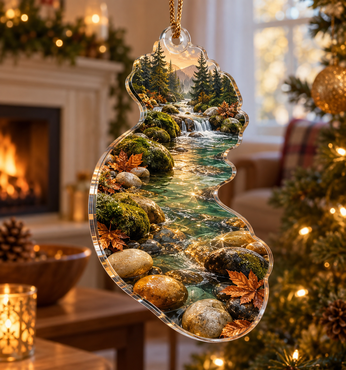 Forest Stream Host Gift Ornament with flat printed optical 3D jade stream, honey stones and homeward creek