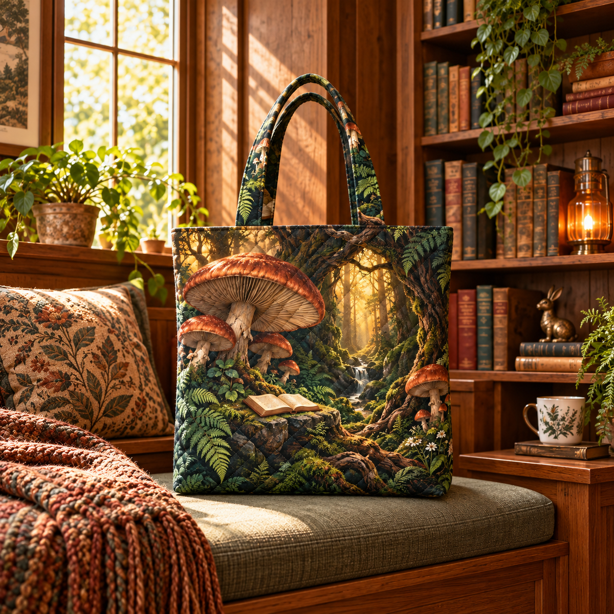 Enchanted Roots Reading Nook Ornament with flat printed optical 3D oak roots, mossy hollows and bronze leaves