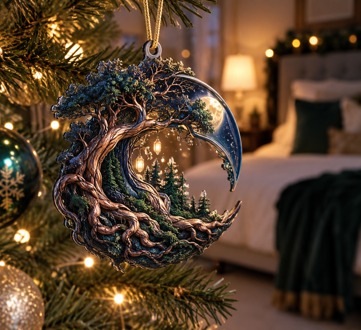 Enchanted Roots Bedroom Ornament with flat printed optical 3D ancient roots, emerald moss and copper leaves