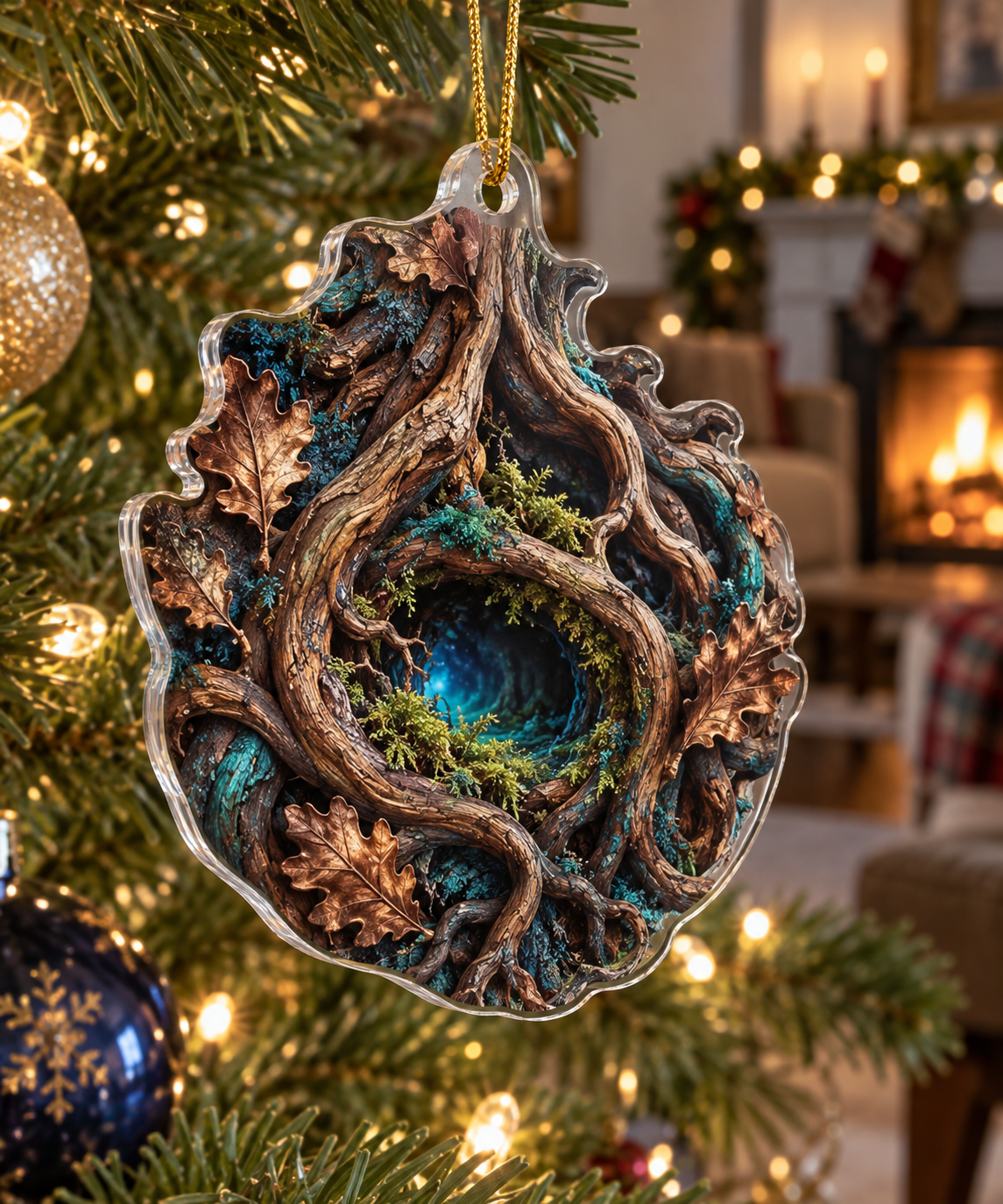 Enchanted Roots Living Room Ornament with flat printed optical 3D oak roots, turquoise moss and copper foliage