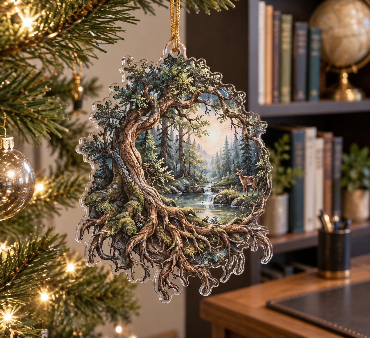 Enchanted Roots Home Office Ornament with flat printed optical 3D tree roots, sage moss and copper leaves