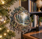 Enchanted Roots Home Office Ornament with flat printed optical 3D tree roots, sage moss and copper leaves