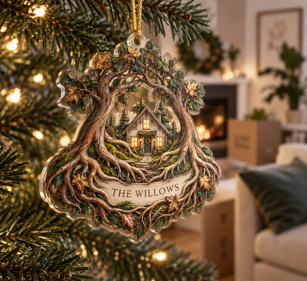 Enchanted Roots Housewarming Ornament with flat printed optical 3D oak roots and mossy hollow; sample family name shown on item