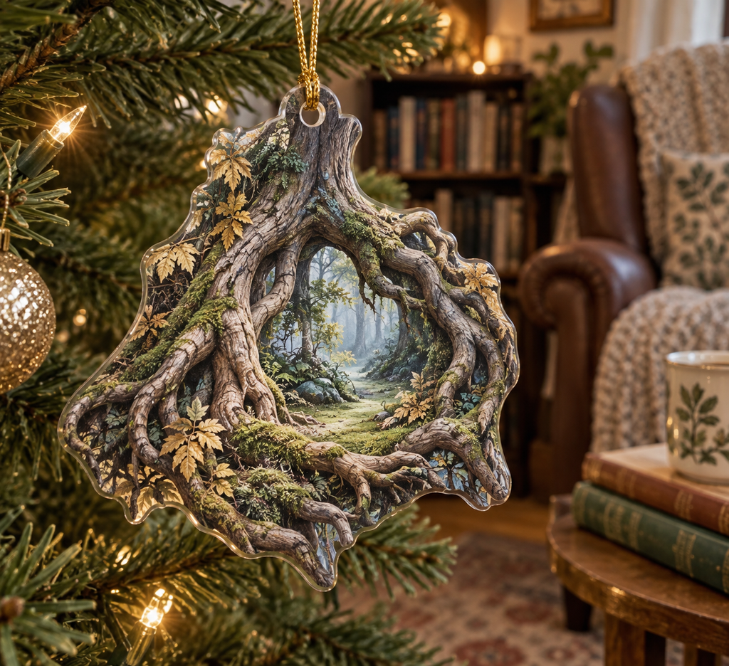 Enchanted Roots Quiet Corner Ornament with flat printed optical 3D graceful roots, sage moss and gold leaves