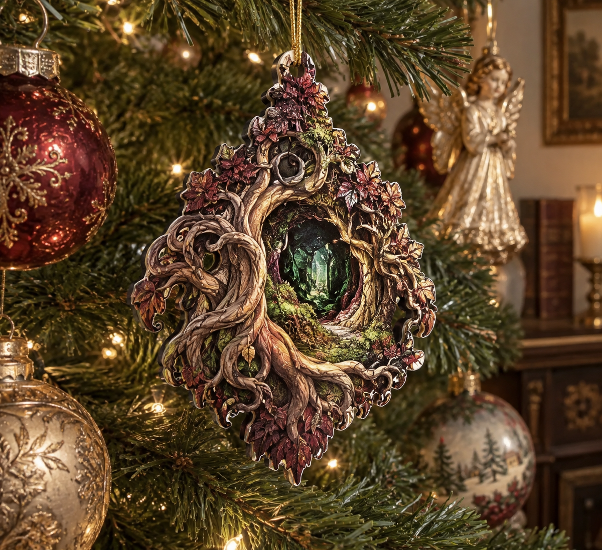 Enchanted Roots Collector Gift Ornament with flat printed optical 3D antique roots, jewel-toned moss and burgundy leaves