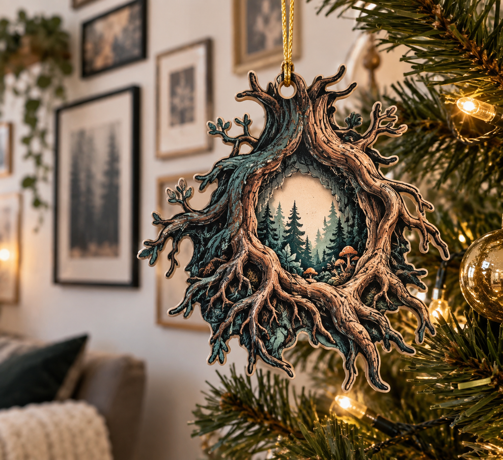 Enchanted Roots Gallery Wall Ornament with flat printed optical 3D charcoal roots, teal moss and terracotta leaves