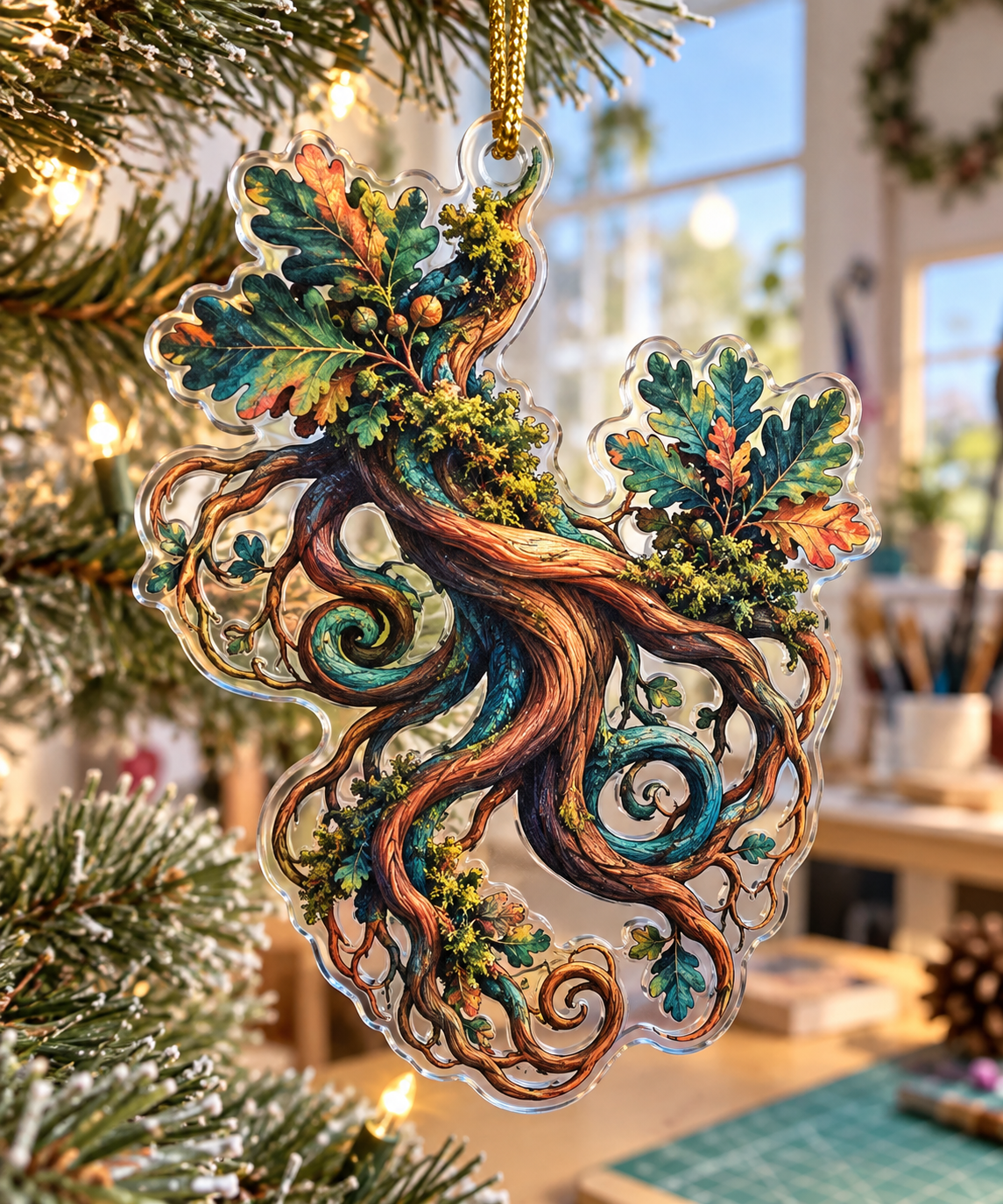 Enchanted Roots Studio Ornament with flat printed optical 3D spiraling oak roots, teal moss and coral lichen