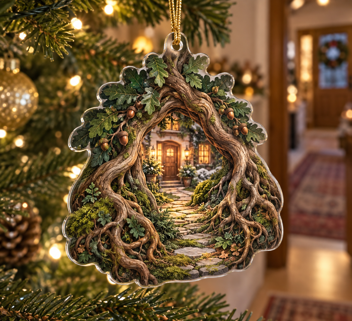 Enchanted Roots Host Gift Ornament with flat printed optical 3D oak roots, moss and honey-gold leaves