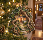 Enchanted Roots Host Gift Ornament with flat printed optical 3D oak roots, moss and honey-gold leaves