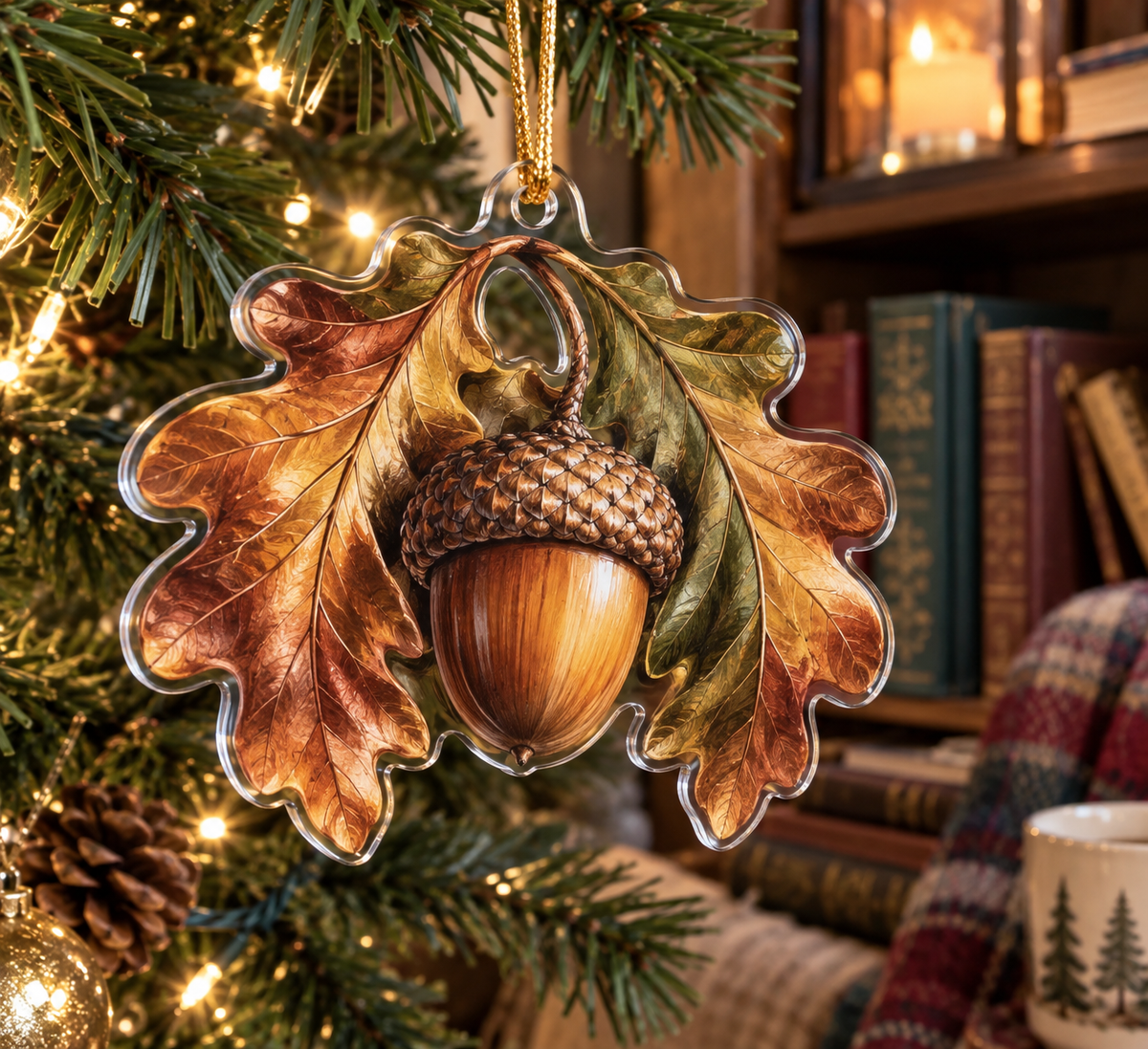 Acorns & Oak Leaves Reading Nook Ornament with flat printed optical 3D acorns and oak leaves