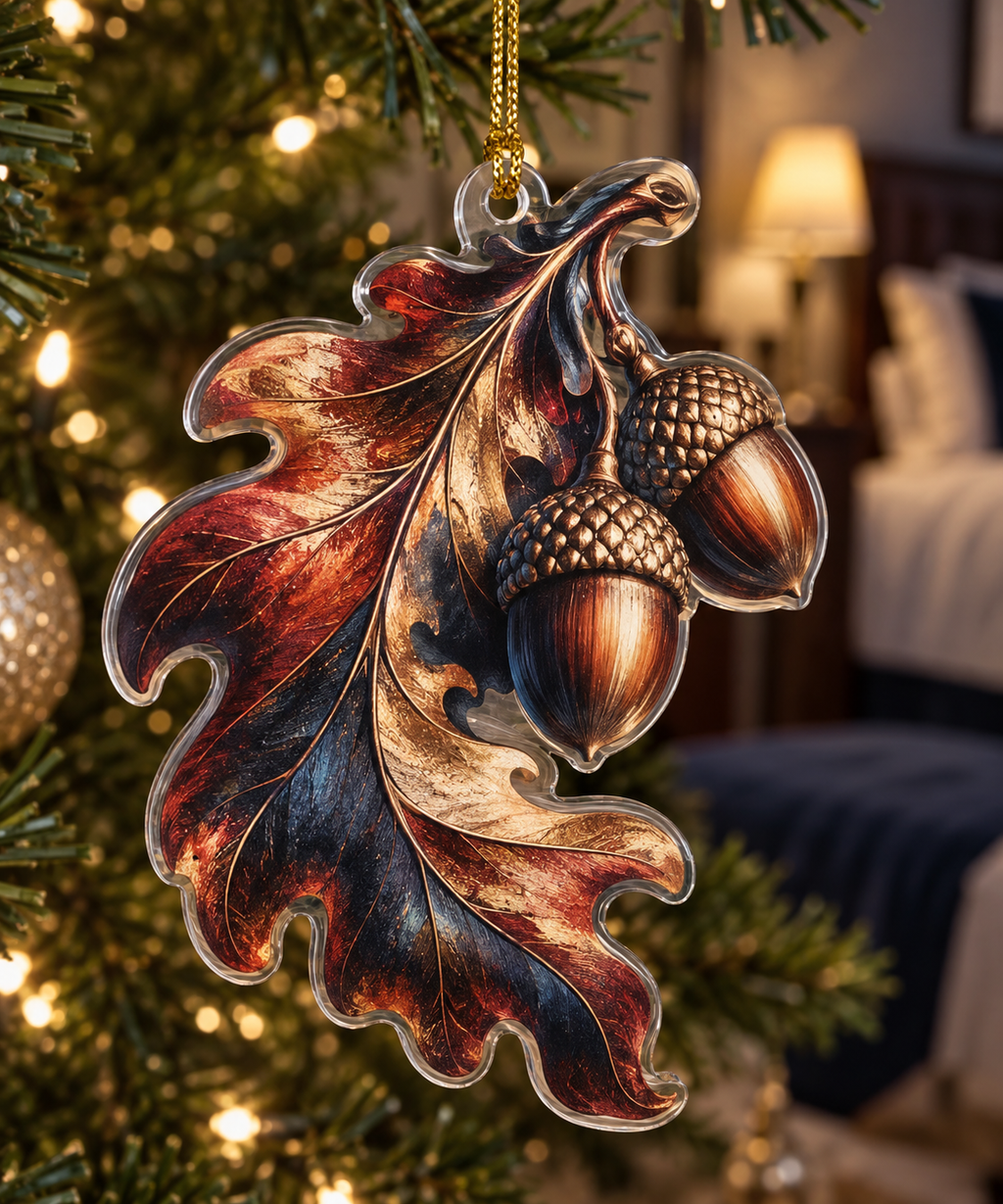 Acorns & Oak Leaves Bedroom Ornament with flat printed optical 3D bronze acorns and burgundy oak leaves