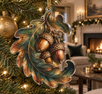 Acorns & Oak Leaves Living Room Ornament with flat printed optical 3D acorns, curling copper oak leaves and jade moss