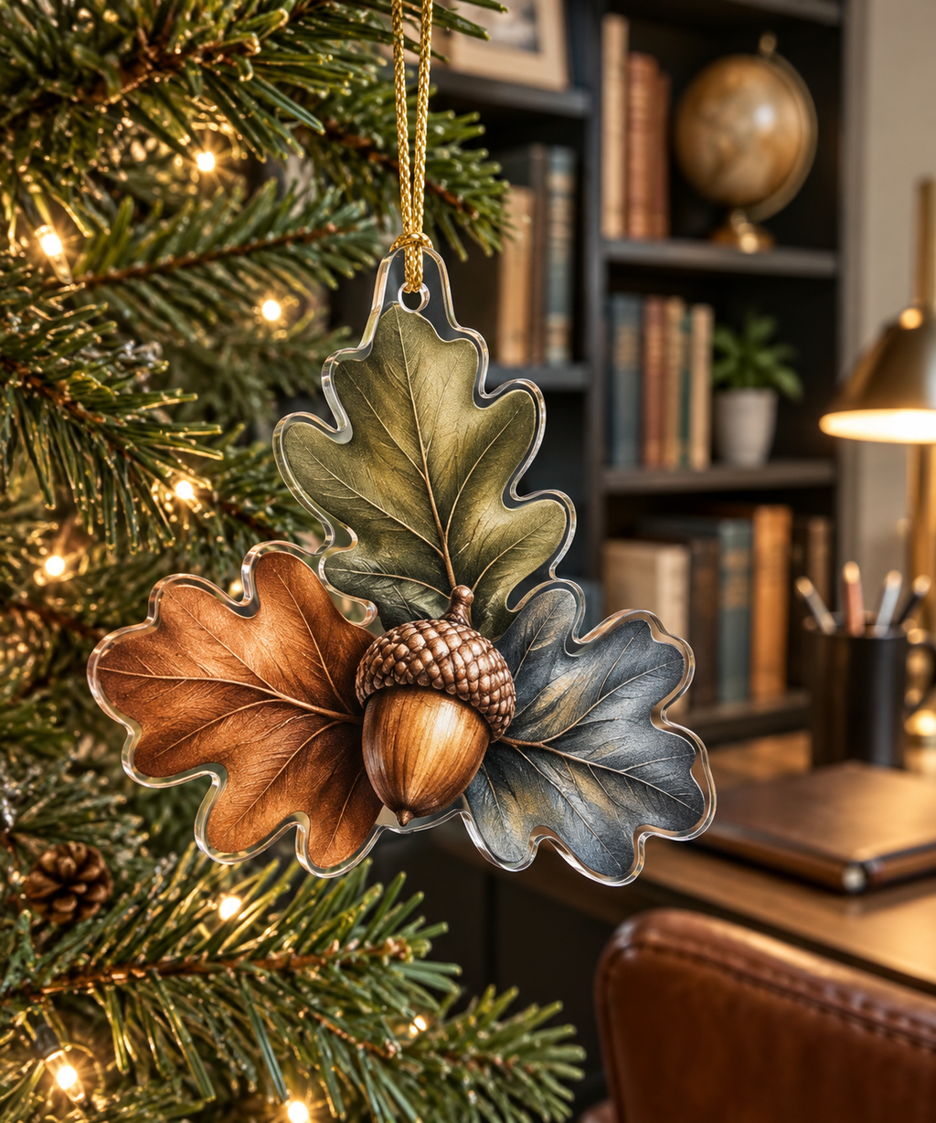 Acorns & Oak Leaves Home Office Ornament with flat printed optical 3D chestnut acorns, sage oak leaves and copper highlights