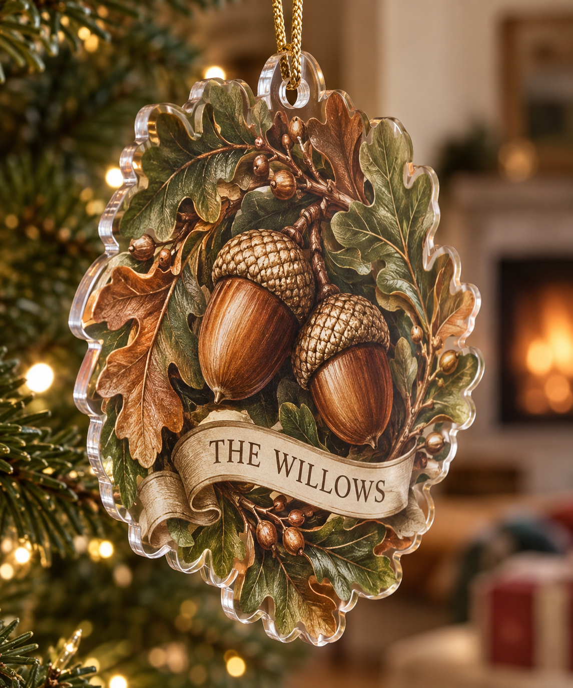 Acorns & Oak Leaves Housewarming Ornament with flat printed optical 3D acorns and oak leaves; sample family name shown on item