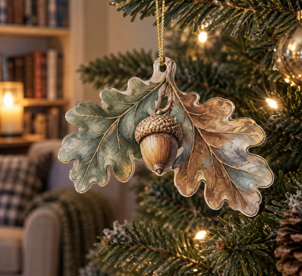Acorns & Oak Leaves Quiet Corner Ornament with flat printed optical 3D cinnamon acorns, sage oak leaves and soft woodland shadows