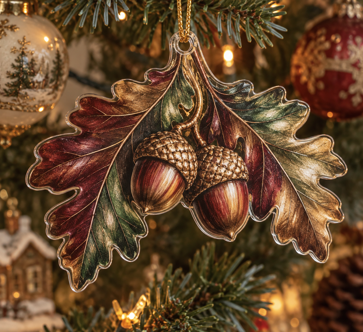Acorns & Oak Leaves Collector Gift Ornament with flat printed optical 3D mahogany acorns, antique-bronze oak leaves and emerald shadows