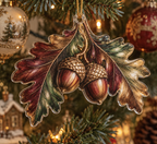 Acorns & Oak Leaves Collector Gift Ornament with flat printed optical 3D mahogany acorns, antique-bronze oak leaves and emerald shadows